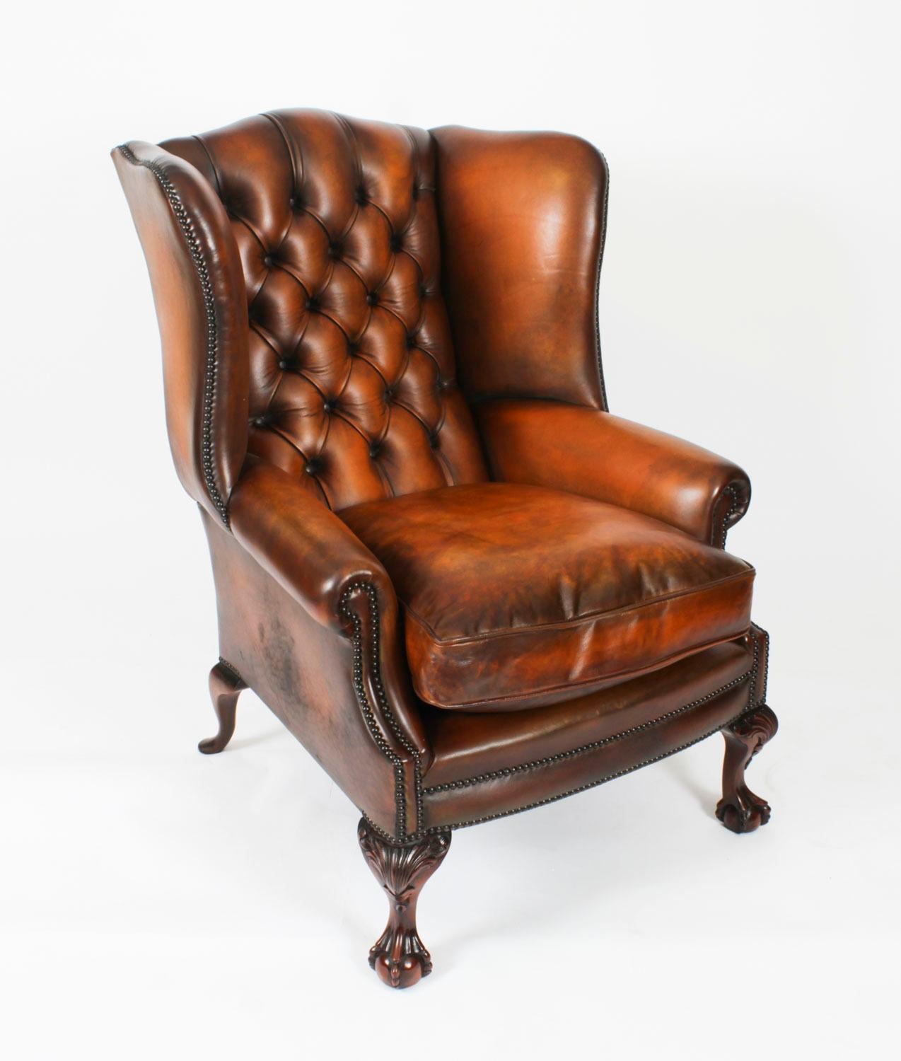 Antique Pair Leather Chippendale Revival Wingback Armchairs c.1920 20th Century For Sale 9