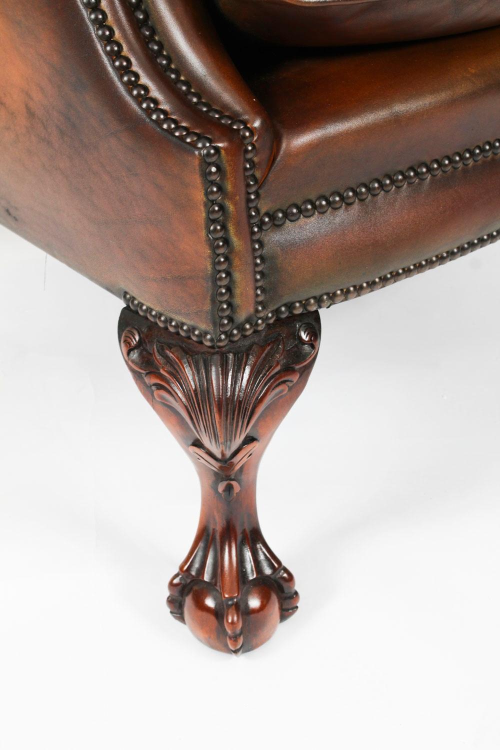 Antique Pair Leather Chippendale Revival Wingback Armchairs c.1920 20th Century For Sale 11