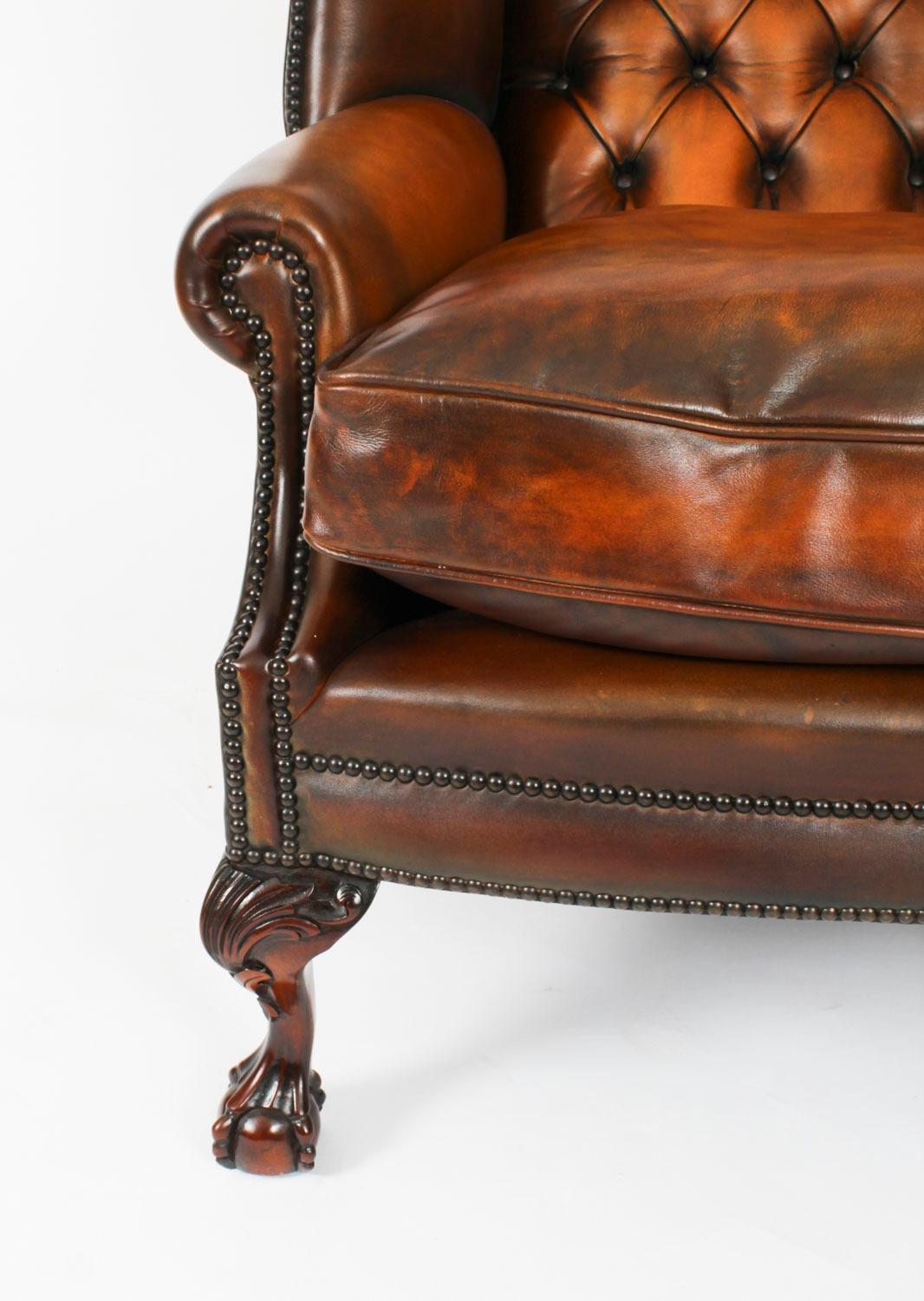 Antique Pair Leather Chippendale Revival Wingback Armchairs c.1920 20th Century For Sale 12