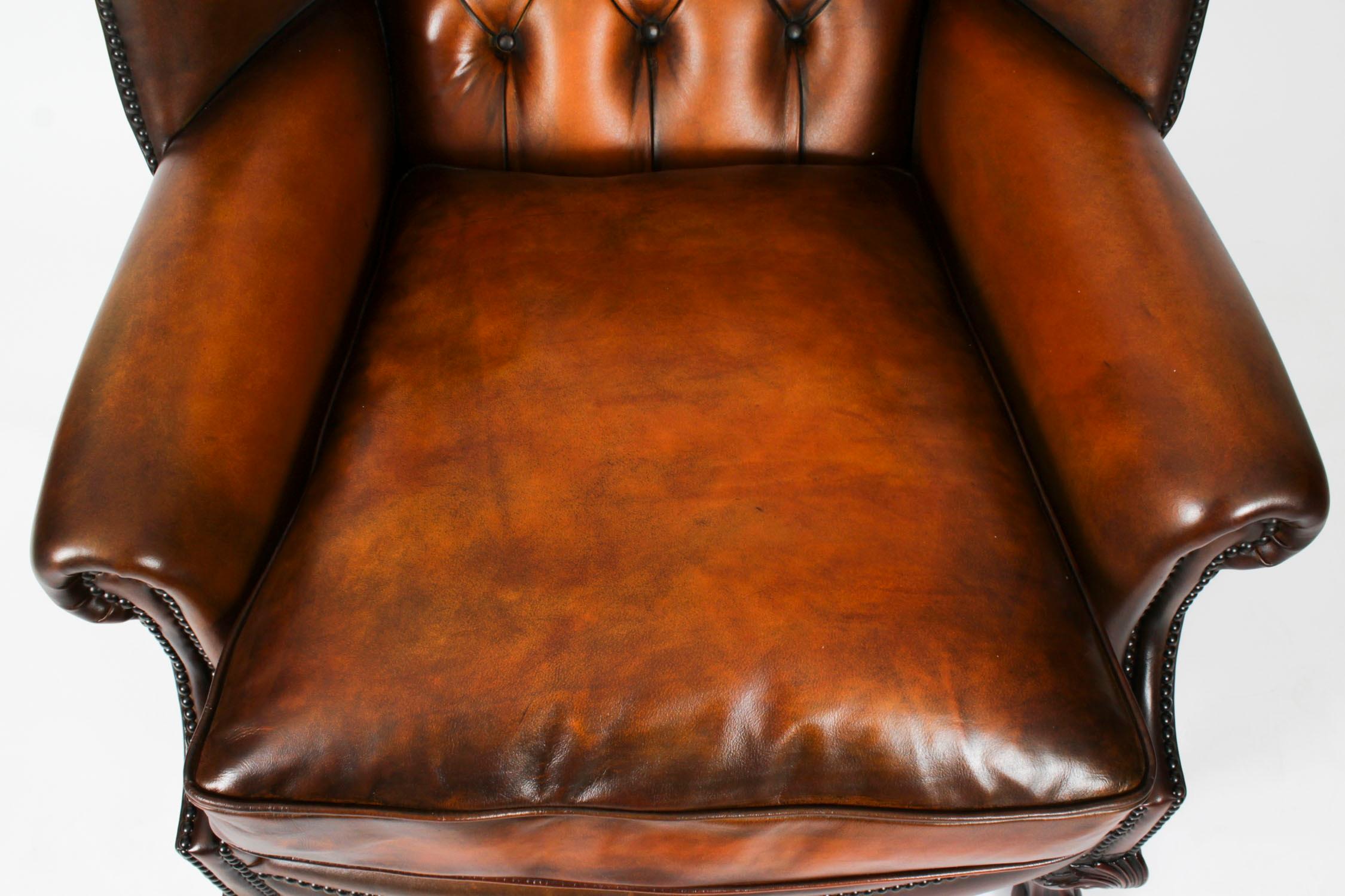 Antique Pair Leather Chippendale Revival Wingback Armchairs c.1920 20th Century For Sale 13