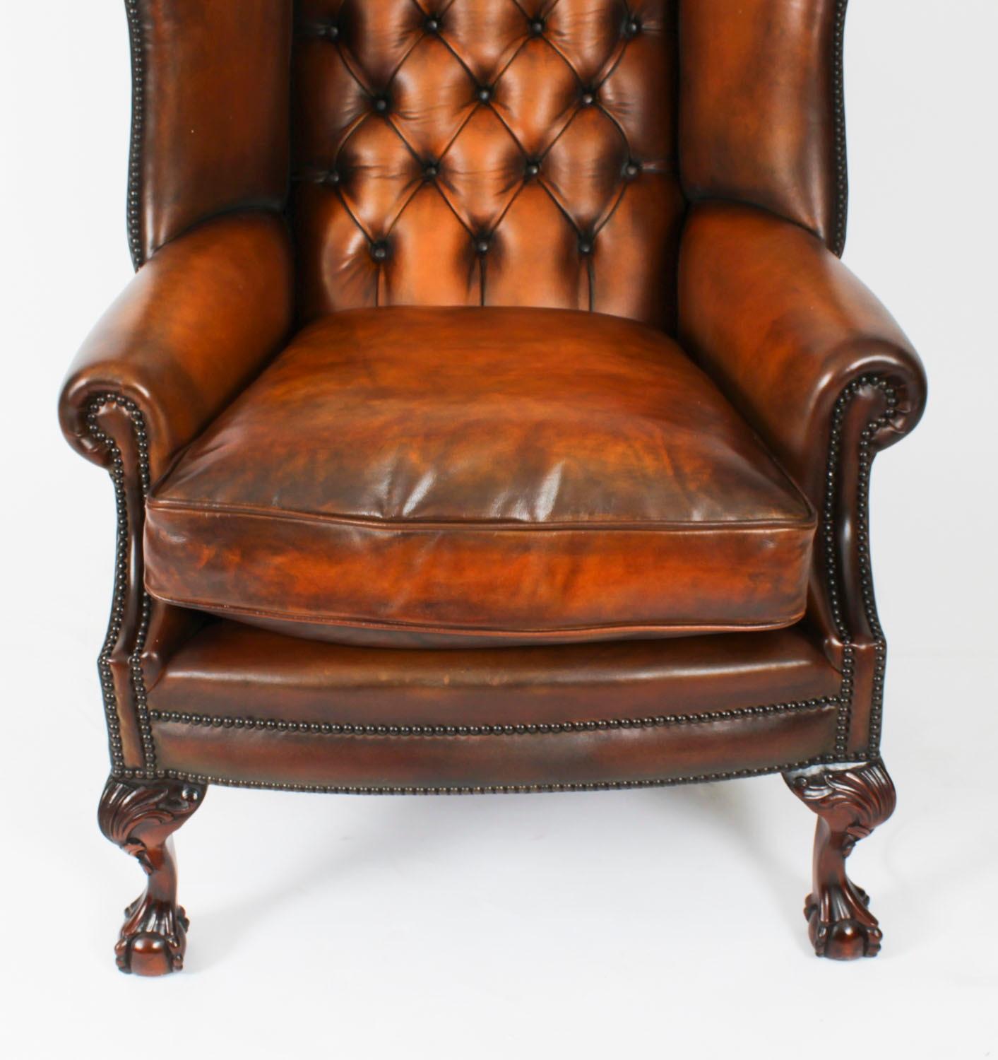 Antique Pair Leather Chippendale Revival Wingback Armchairs c.1920 20th Century For Sale 14