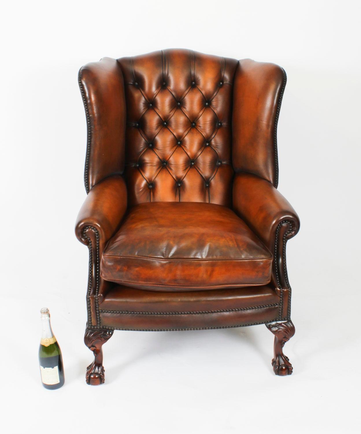 Antique Pair Leather Chippendale Revival Wingback Armchairs c.1920 20th Century For Sale 15