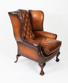 Antique Pair Leather Chippendale Revival Wingback Armchairs c.1920 20th Century