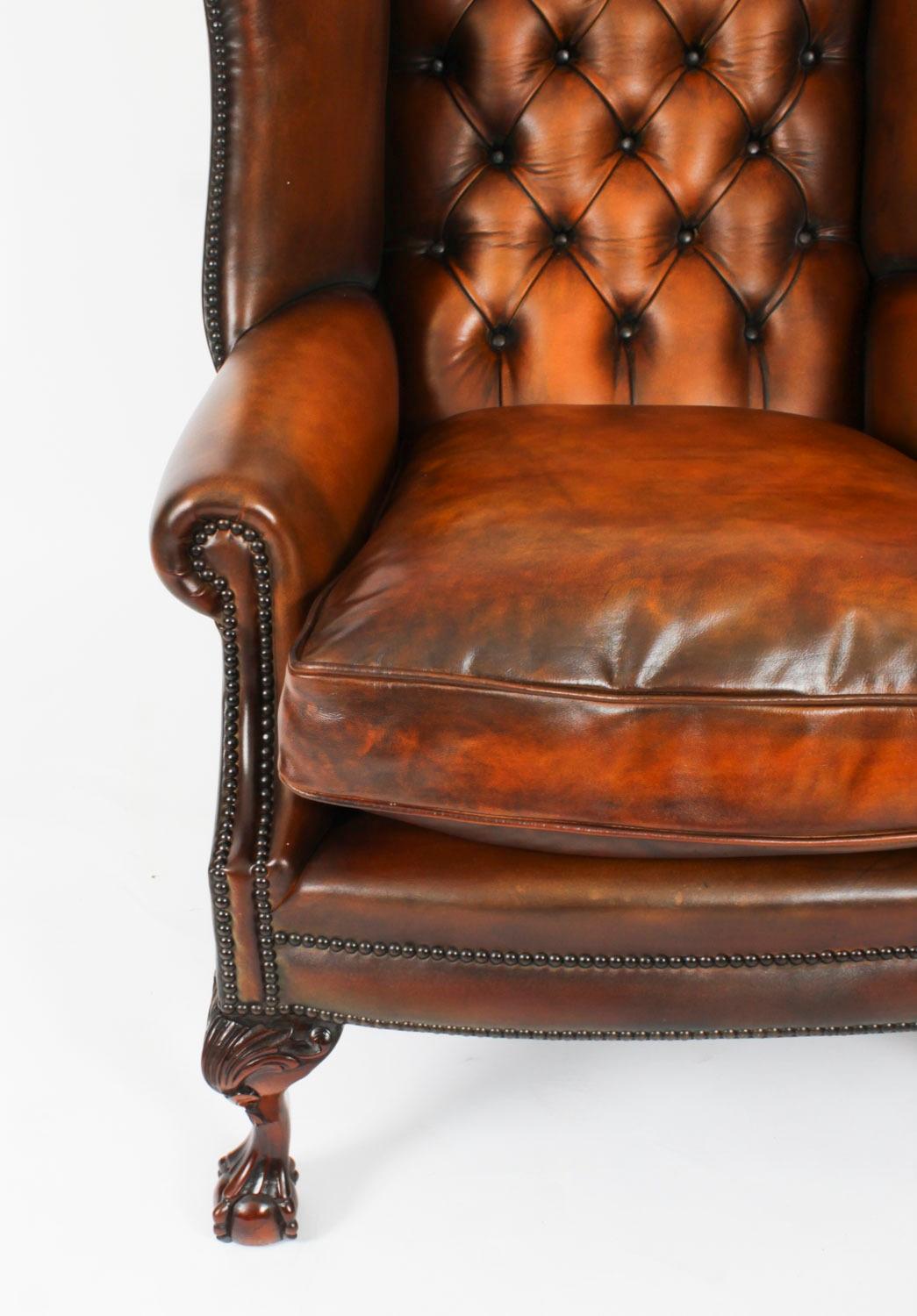Antique Pair Leather Chippendale Revival Wingback Armchairs c.1920 20th Century In Good Condition For Sale In London, GB