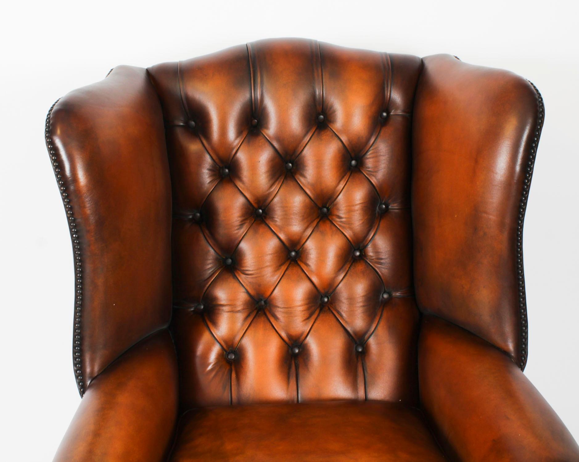 Early 20th Century Antique Pair Leather Chippendale Revival Wingback Armchairs c.1920 20th Century For Sale