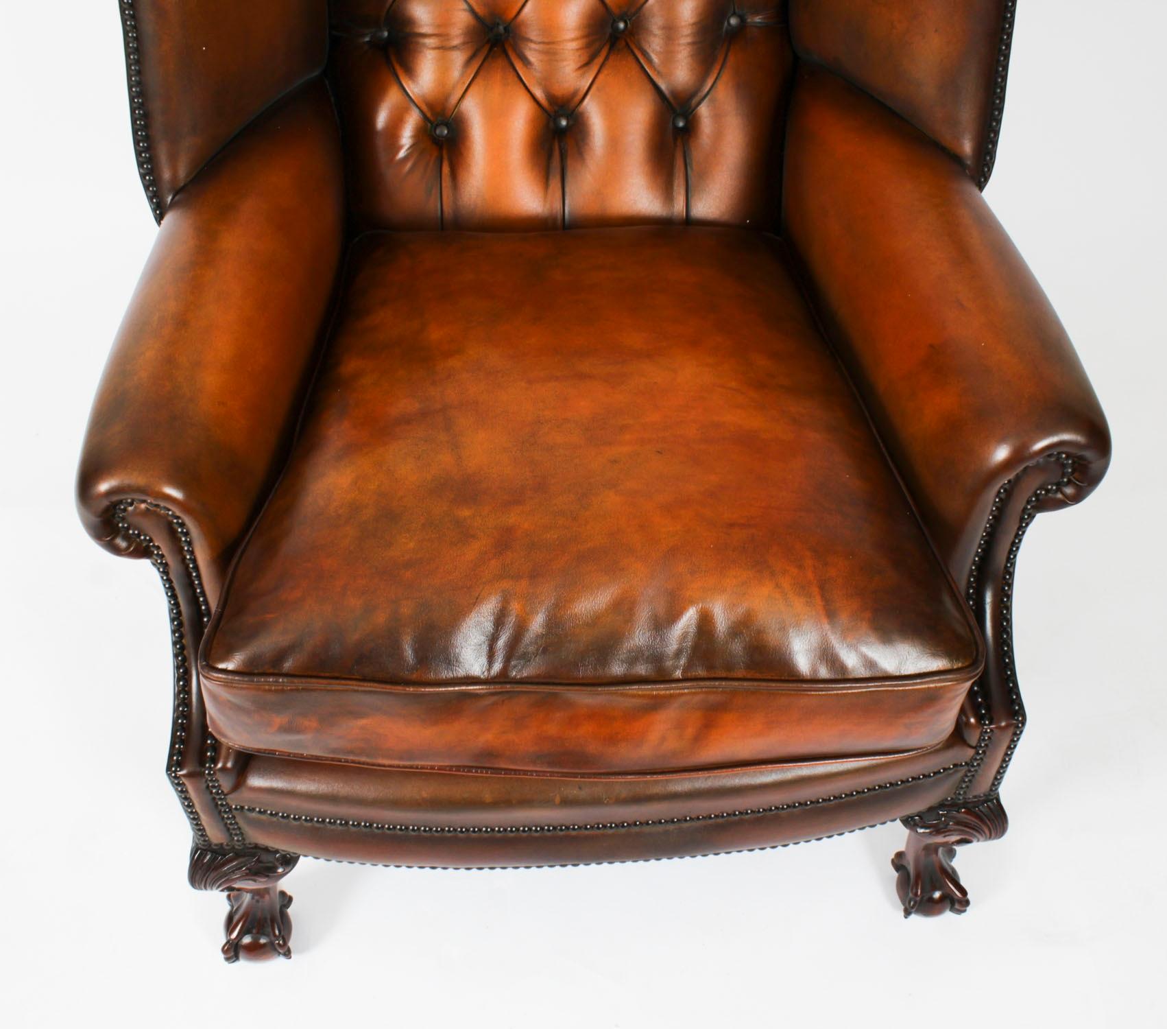 Antique Pair Leather Chippendale Revival Wingback Armchairs c.1920 20th Century For Sale 1