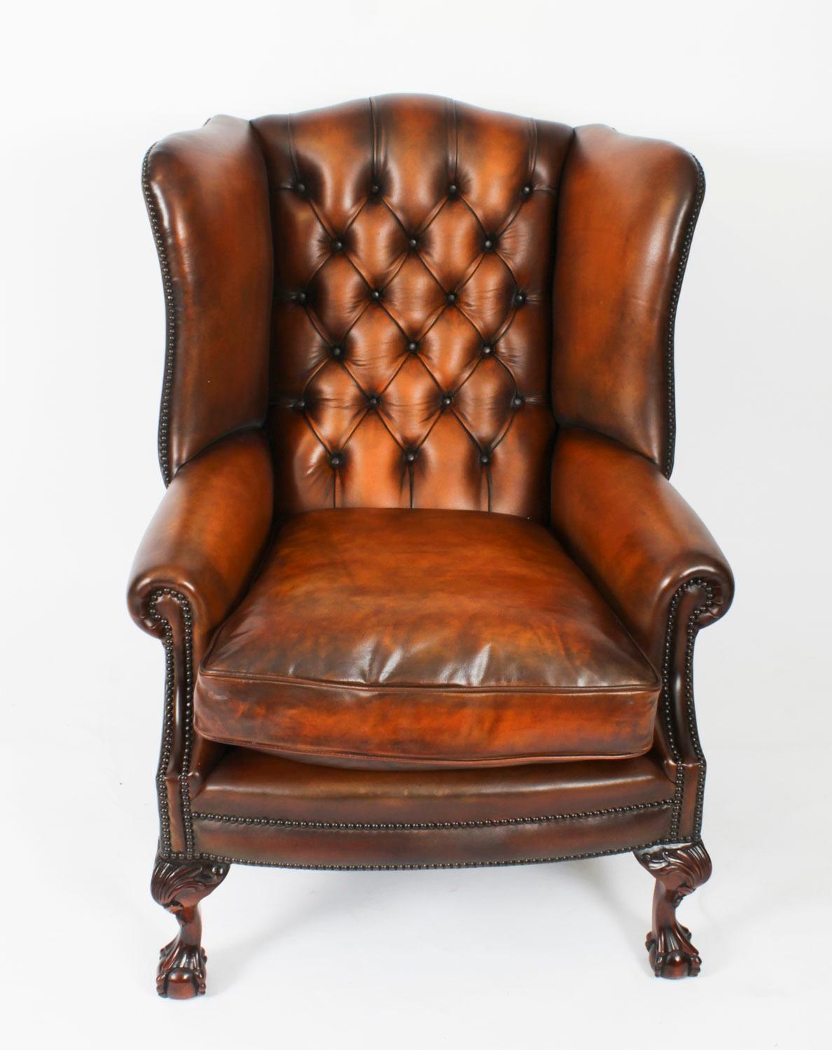 Antique Pair Leather Chippendale Revival Wingback Armchairs c.1920 20th Century For Sale 2