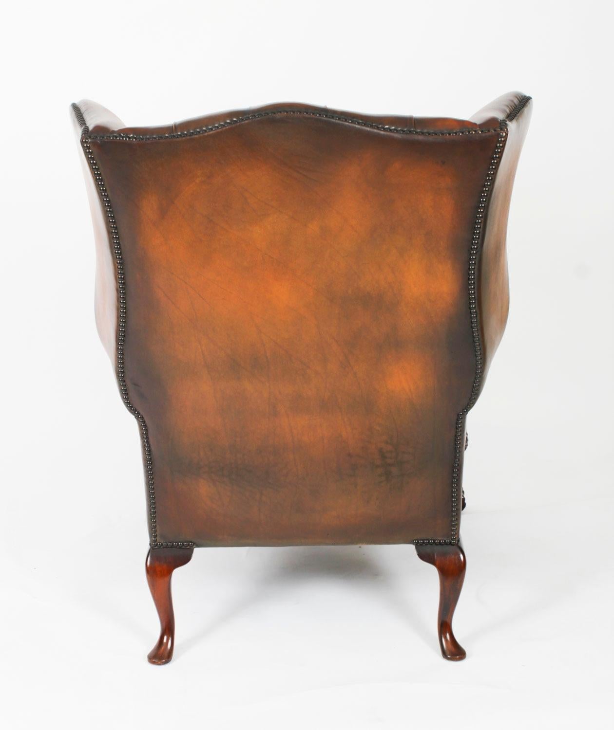 Antique Pair Leather Chippendale Revival Wingback Armchairs c.1920 20th Century For Sale 3