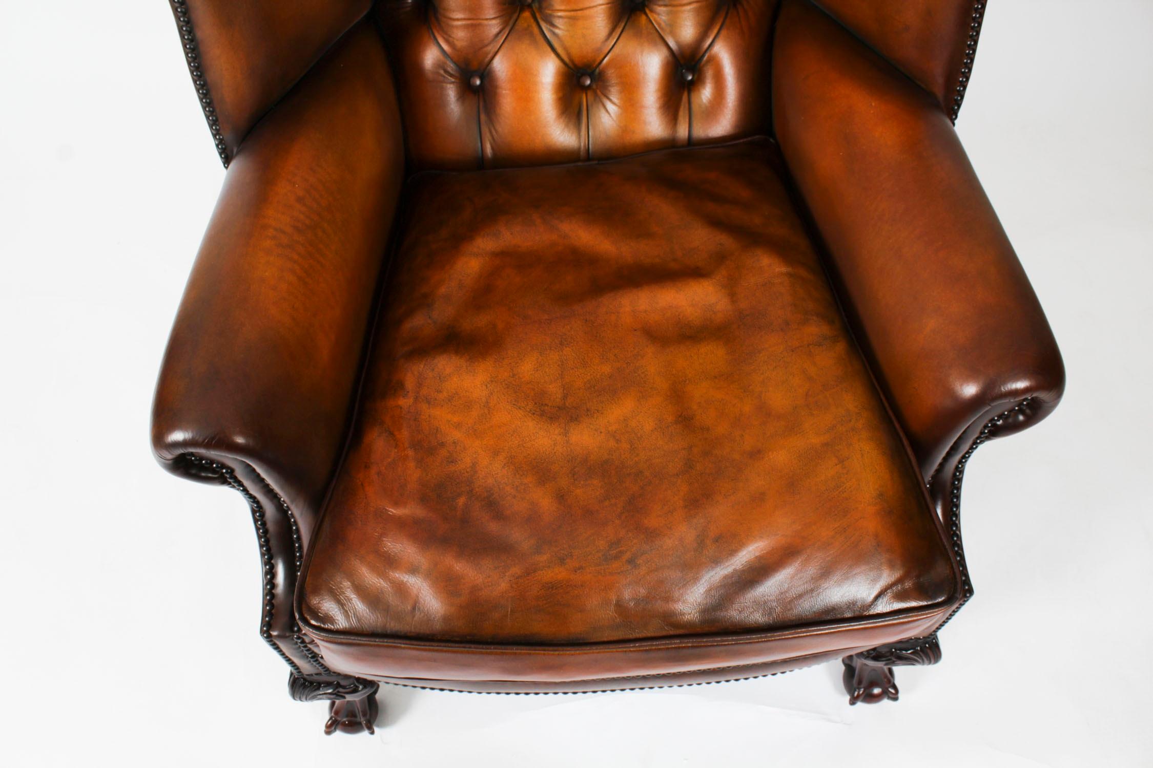 Antique Pair Leather Chippendale Revival Wingback Armchairs c.1920 20th Century For Sale 5