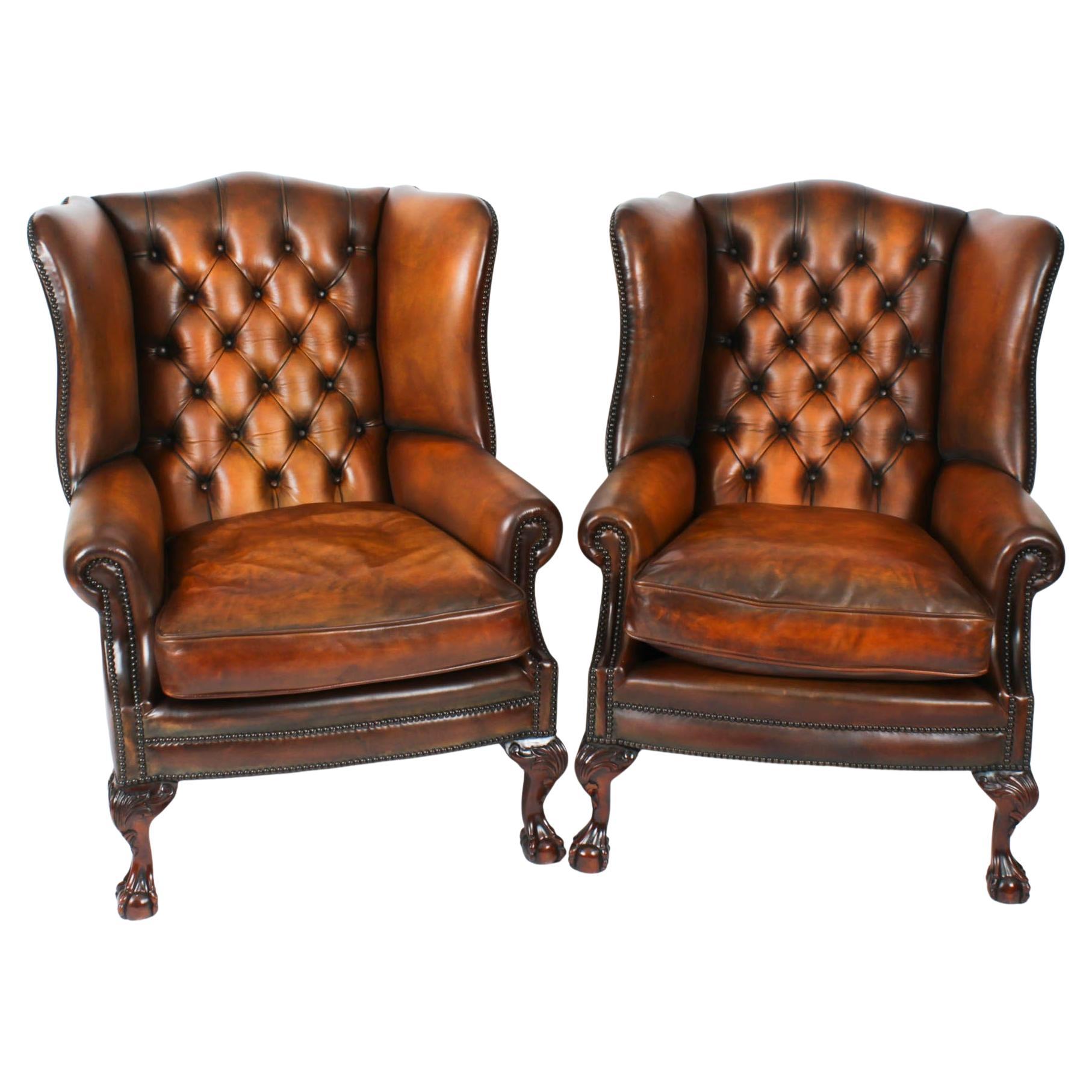 Antique Pair Leather Chippendale Revival Wingback Armchairs c.1920 20th Century For Sale