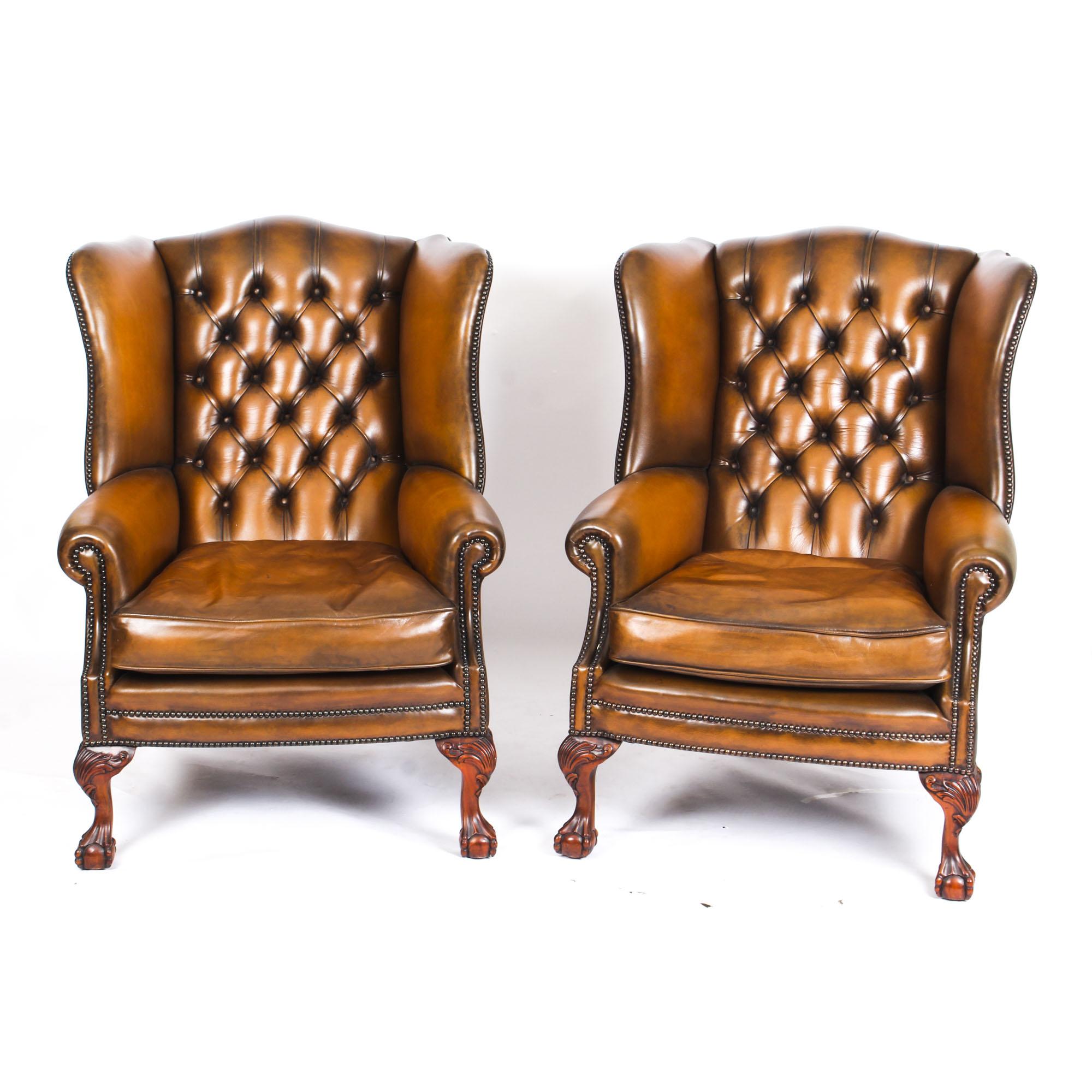 Antique Pair Leather Chippendale Wingback Armchairs 1920s 6