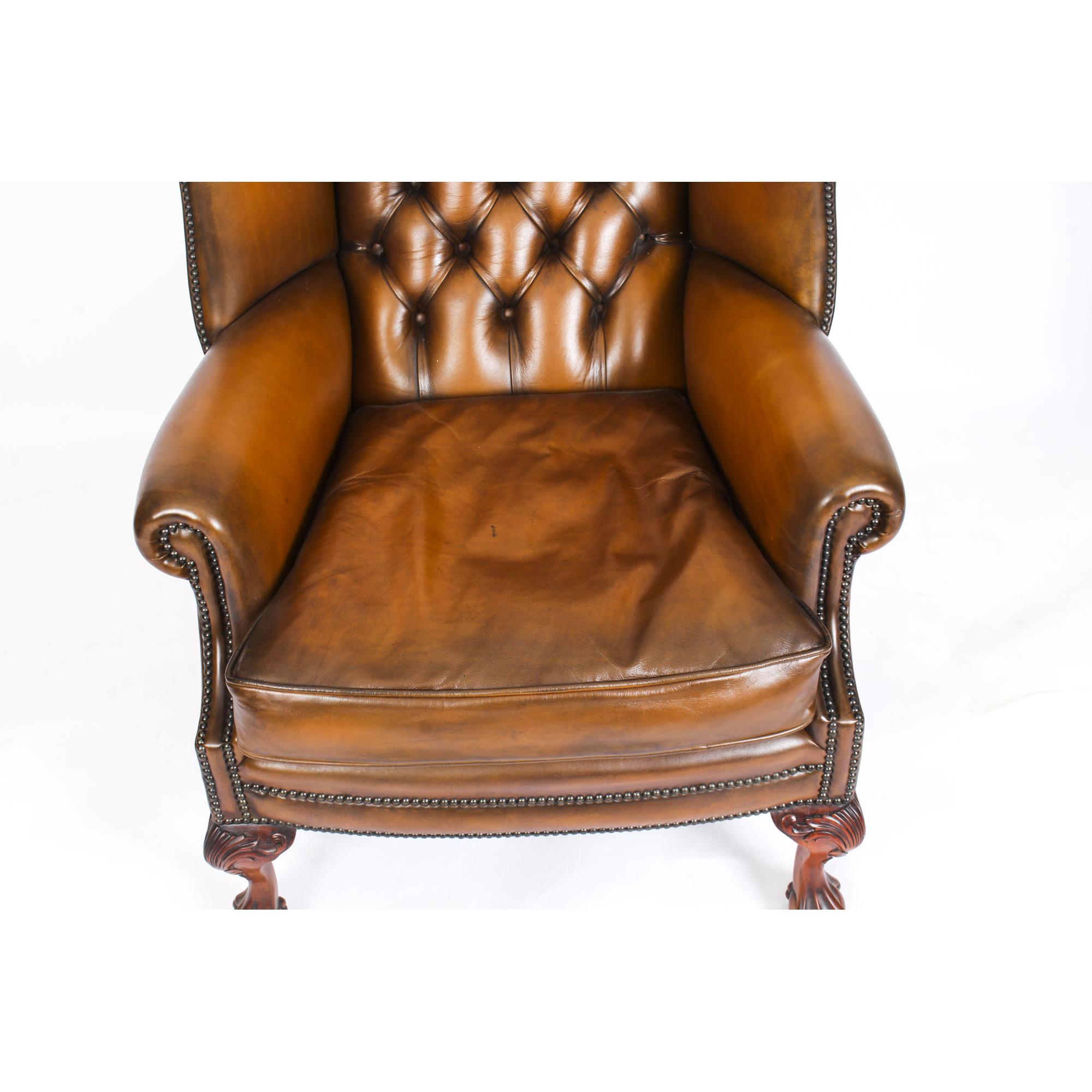 Antique Pair Leather Chippendale Wingback Armchairs 1920s In Good Condition In London, GB