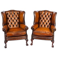 Antique Pair Leather Chippendale Wingback Armchairs 1920s