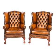 Antique Pair of Leather Chippendale Wingback Armchairs, 1920s
