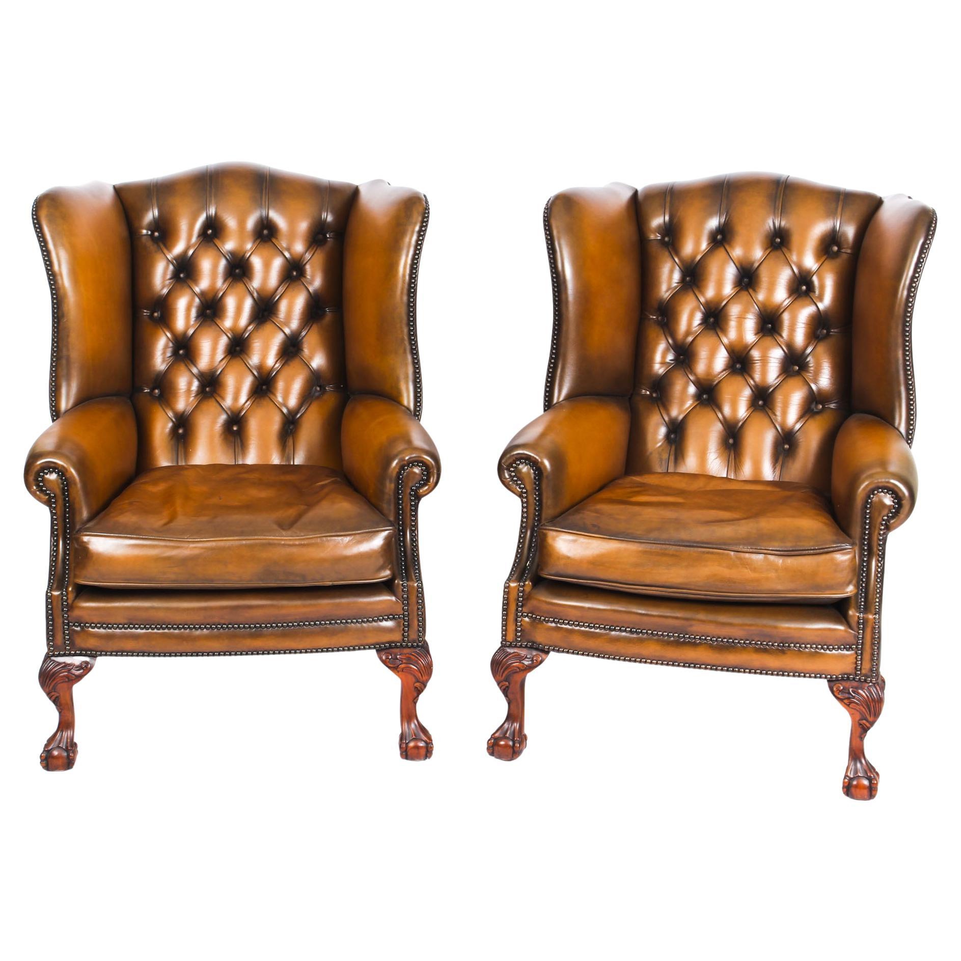 Antique Pair Leather Chippendale Wingback Armchairs 1920s