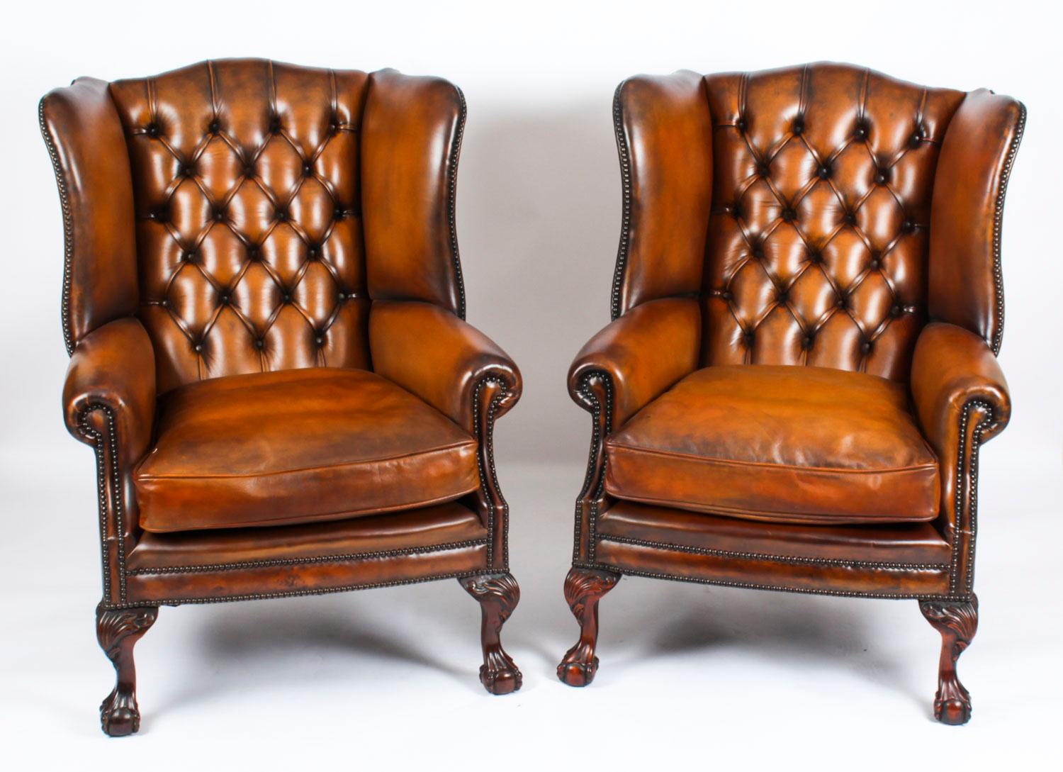 Antique Pair Leather Chippendale Wingback Armchairs c.1920 For Sale 15