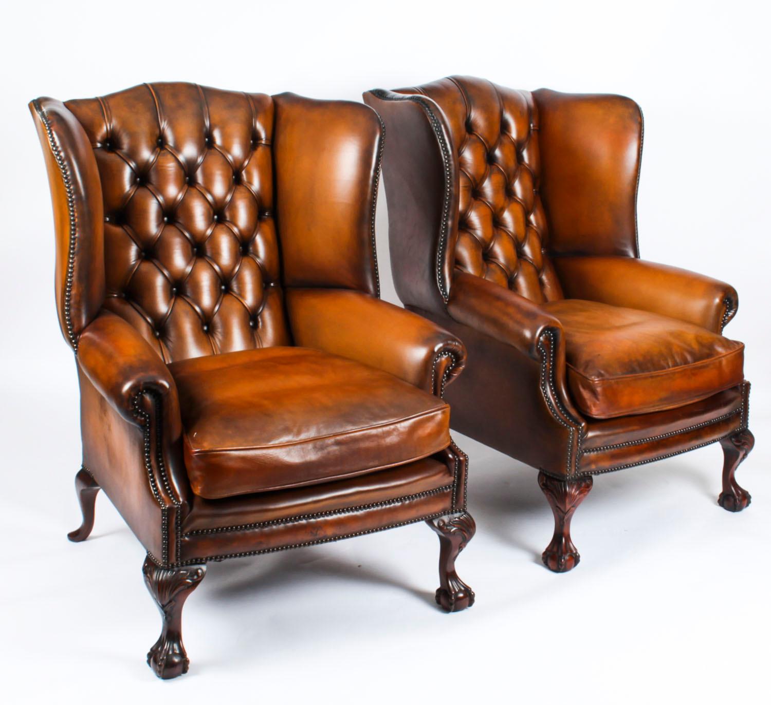 Antique Pair Leather Chippendale Wingback Armchairs c.1920 In Good Condition For Sale In London, GB