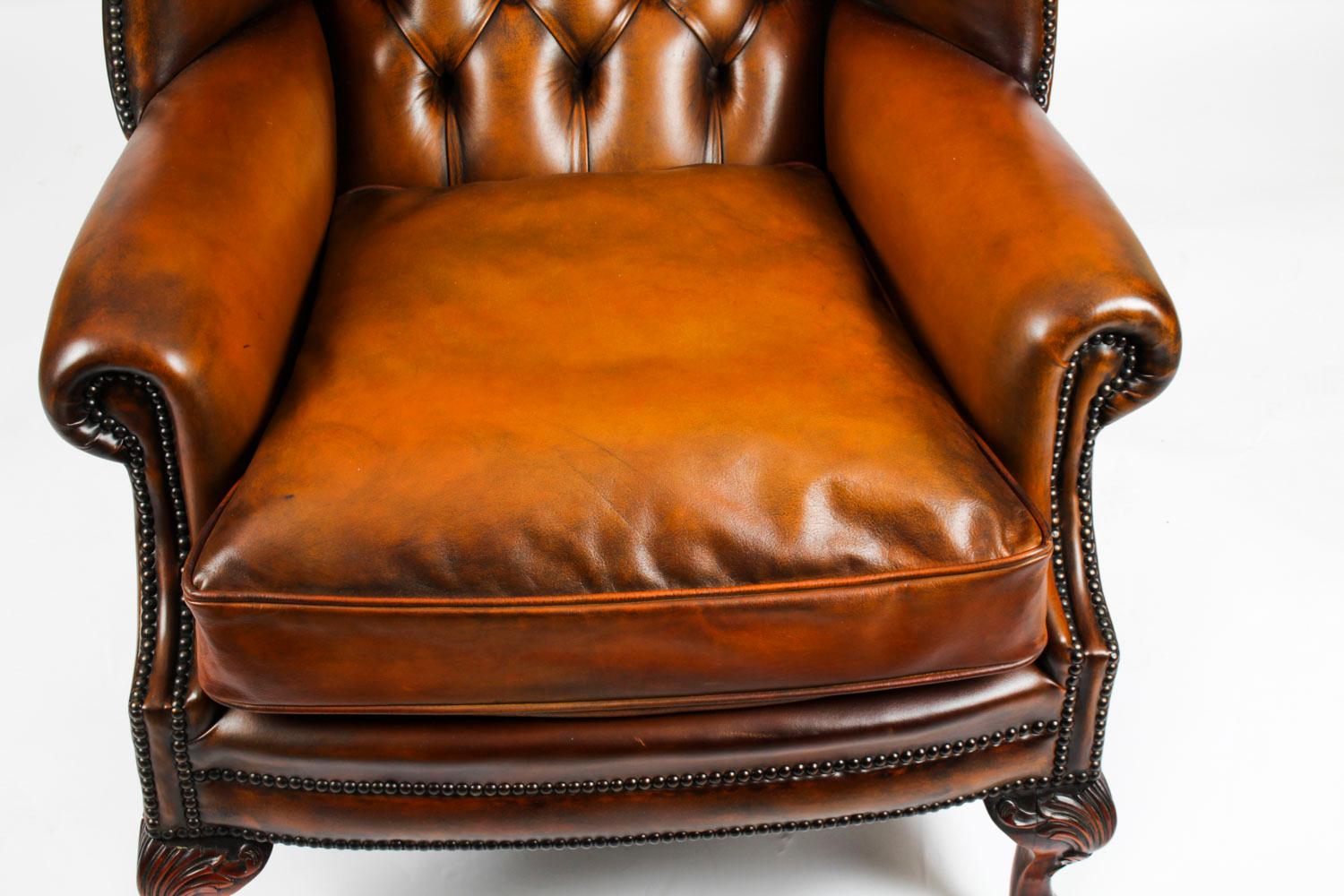 Antique Pair Leather Chippendale Wingback Armchairs c.1920 For Sale 2