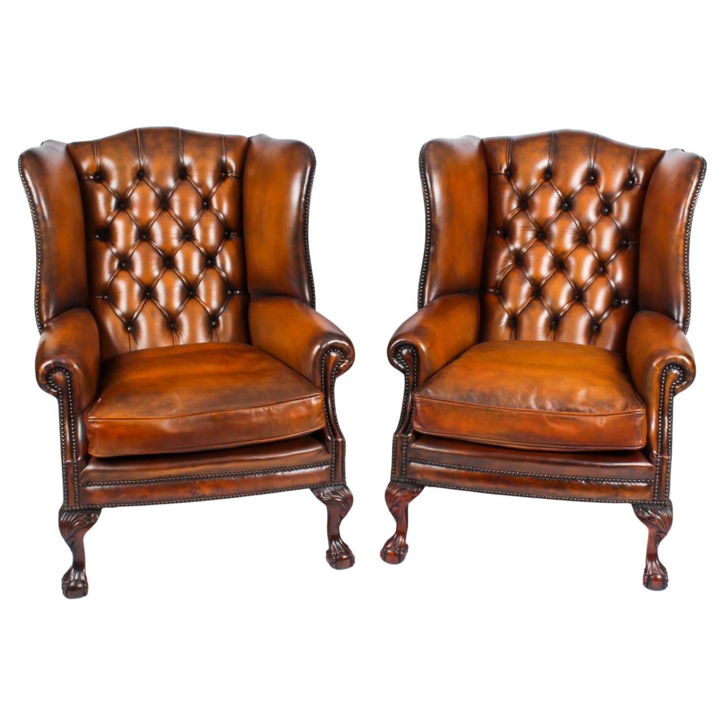 Antique Pair Leather Chippendale Wingback Armchairs c.1920 For Sale