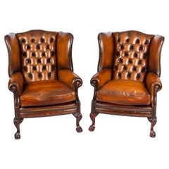 Antique Pair Leather Chippendale Wingback Armchairs c.1920