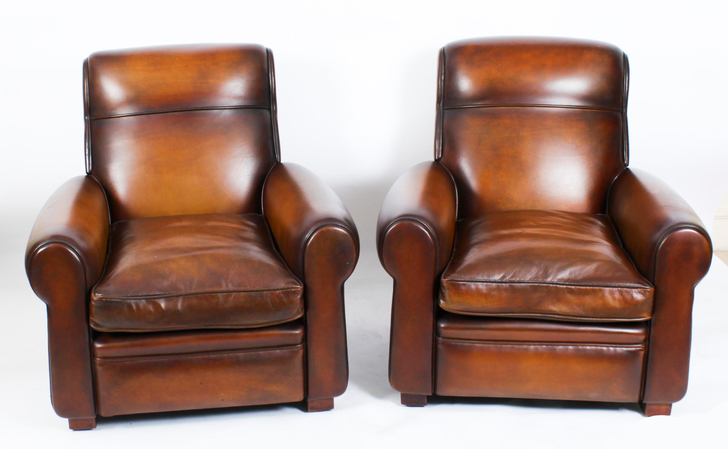 Antique Pair Leather Club Armchairs Tan Early 20th Century 16