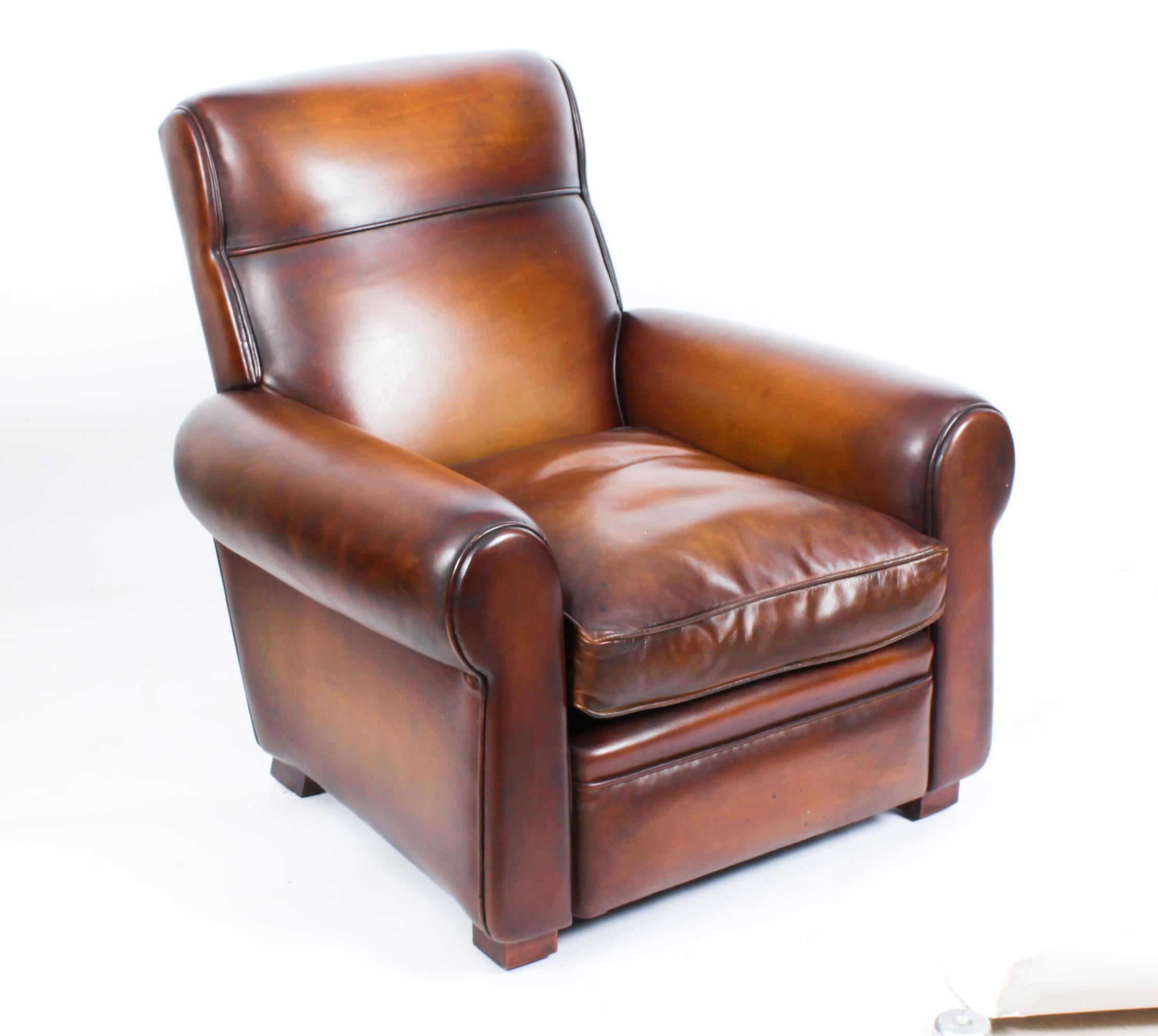 Antique Pair Leather Club Armchairs Tan Early 20th Century In Good Condition In London, GB
