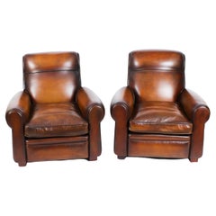 Antique Pair Leather Club Armchairs Tan Early 20th Century