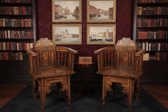 Antique Pair Levantine Parquetry Inlaid Armchairs 19th Century