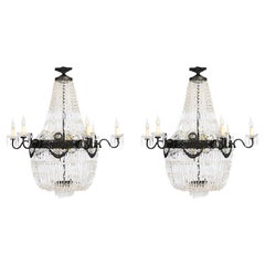 Antique Pair Louis Revival Ballroom Cut Crystal Tent Chandeliers 20th Century