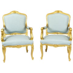 Antique Pair of Louis Revival French Giltwood Armchairs, 19th Century