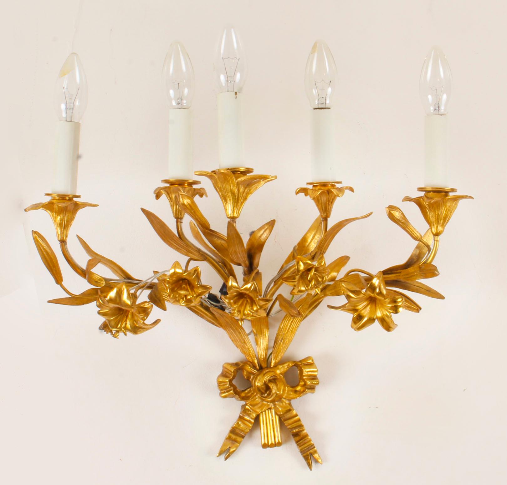 Antique Pair Louis XVI Revival Five Branch Wall Lights, Early 20th Century In Good Condition In London, GB