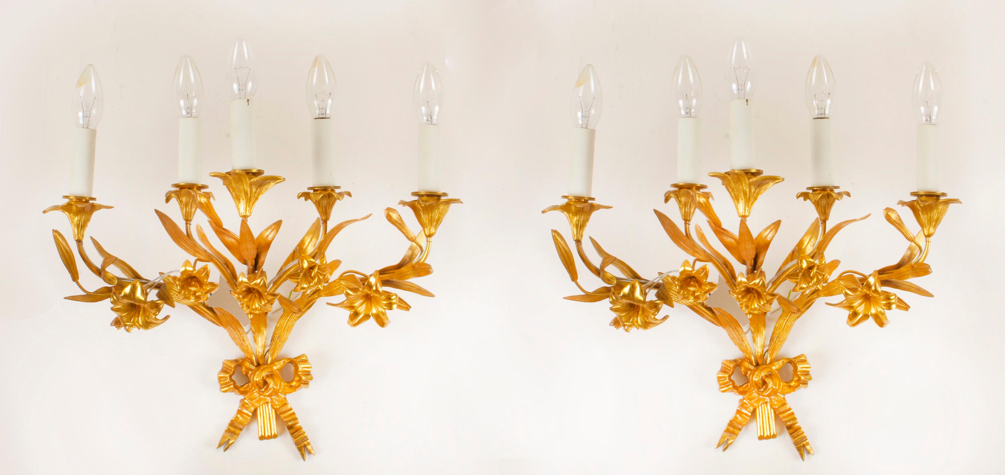Antique Pair Louis XVI Revival Five Branch Wall Lights, Early 20th Century 3