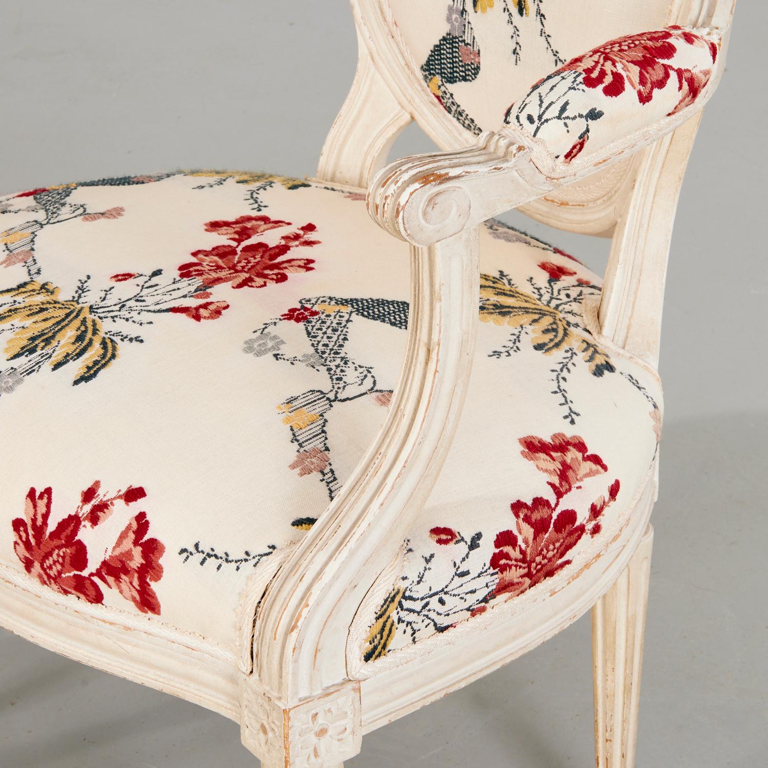 American Antique Pair Louis XVI Style Painted Fauteuils w. 20th C. Crewel Work Upholstery For Sale