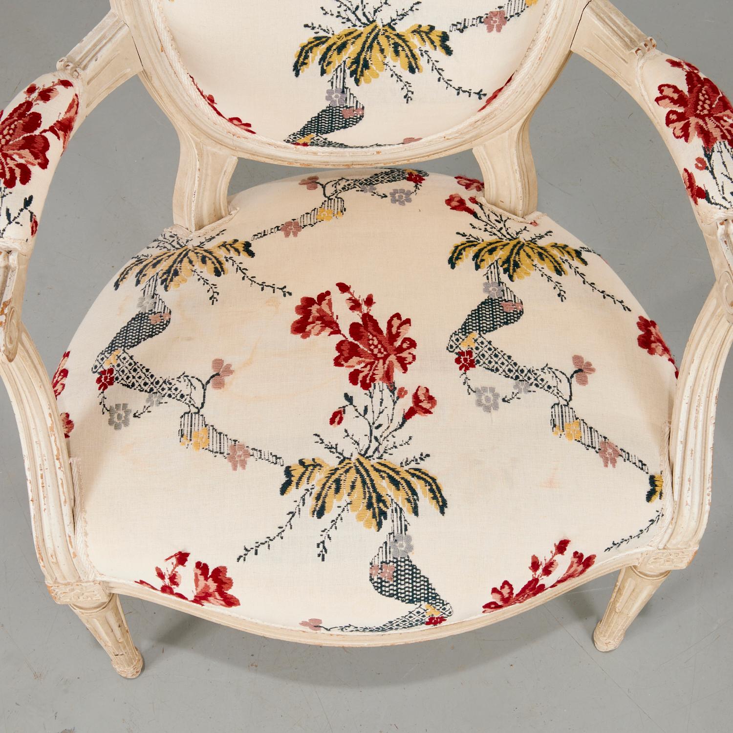 Hand-Crafted Antique Pair Louis XVI Style Painted Fauteuils w. 20th C. Crewel Work Upholstery For Sale
