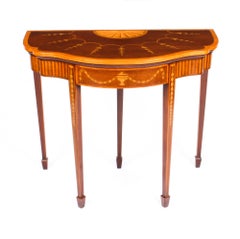 Mahogany and Satinwood Inlaid Serpentine Card Console Tables 19th Century, Pair