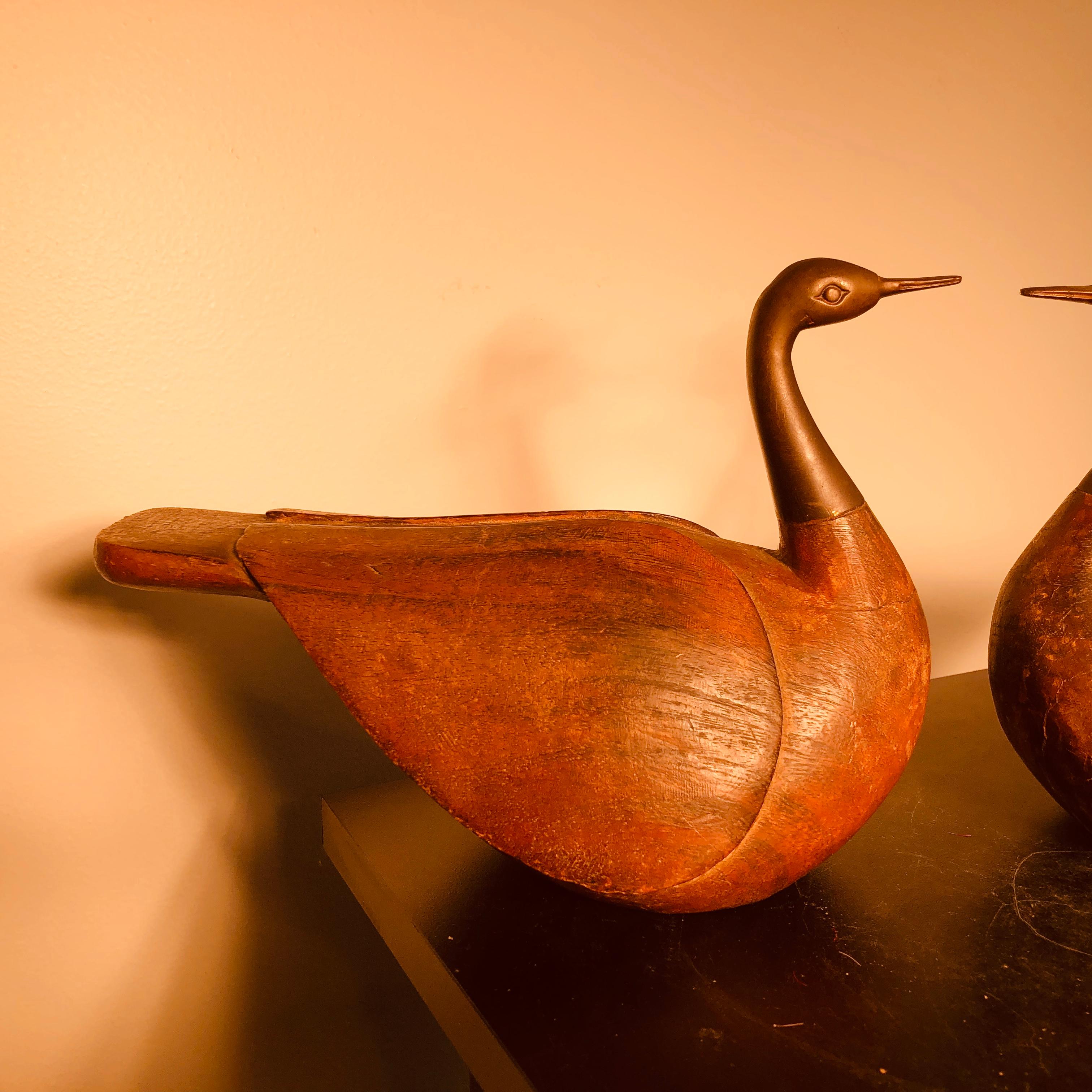 Taisho Antique Pair Mandarin Wedding Ducks, Hand Carved with Fine Details