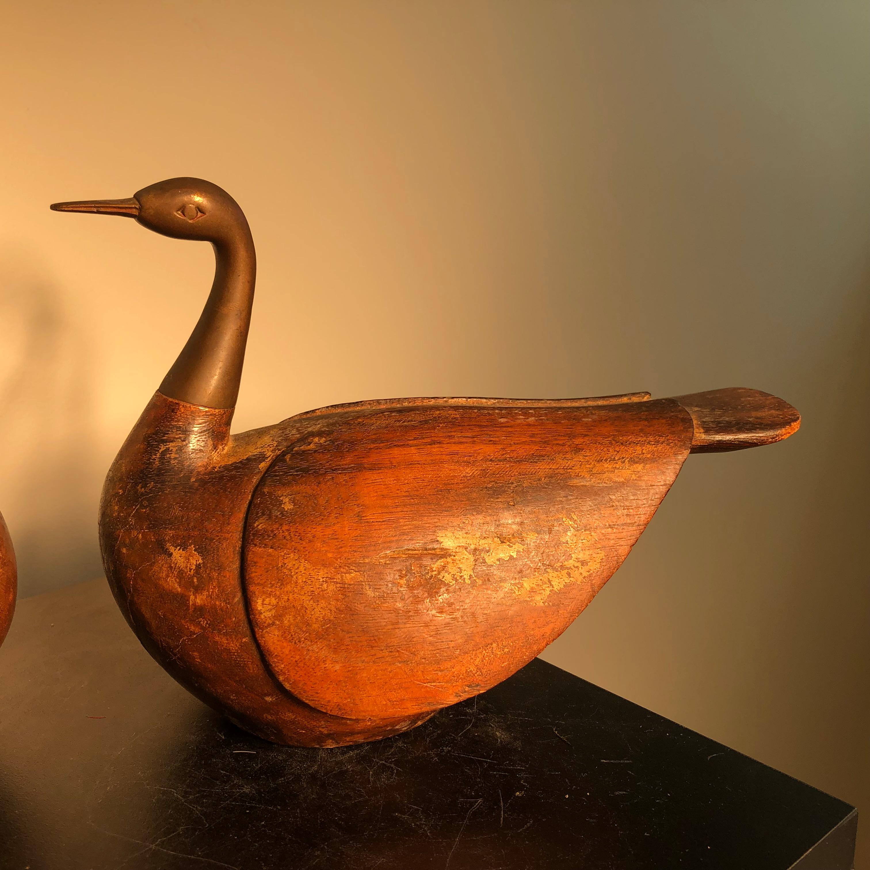 Korean Antique Pair Mandarin Wedding Ducks, Hand Carved with Fine Details