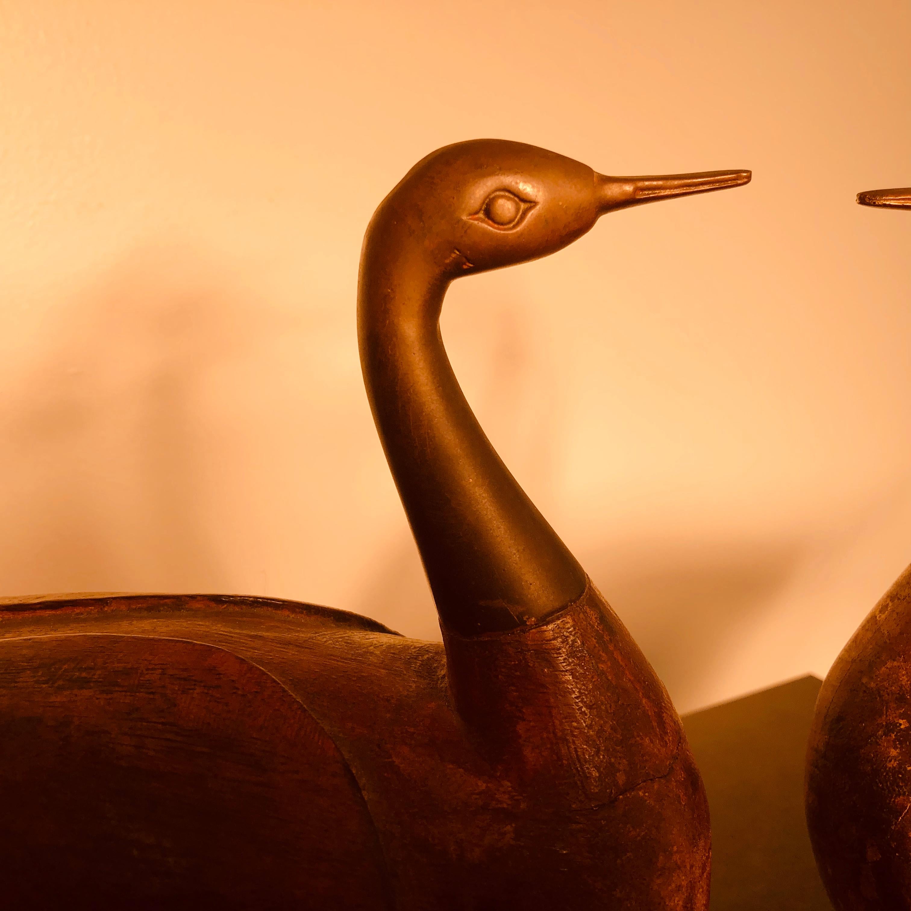 Cast Antique Pair Mandarin Wedding Ducks, Hand Carved with Fine Details
