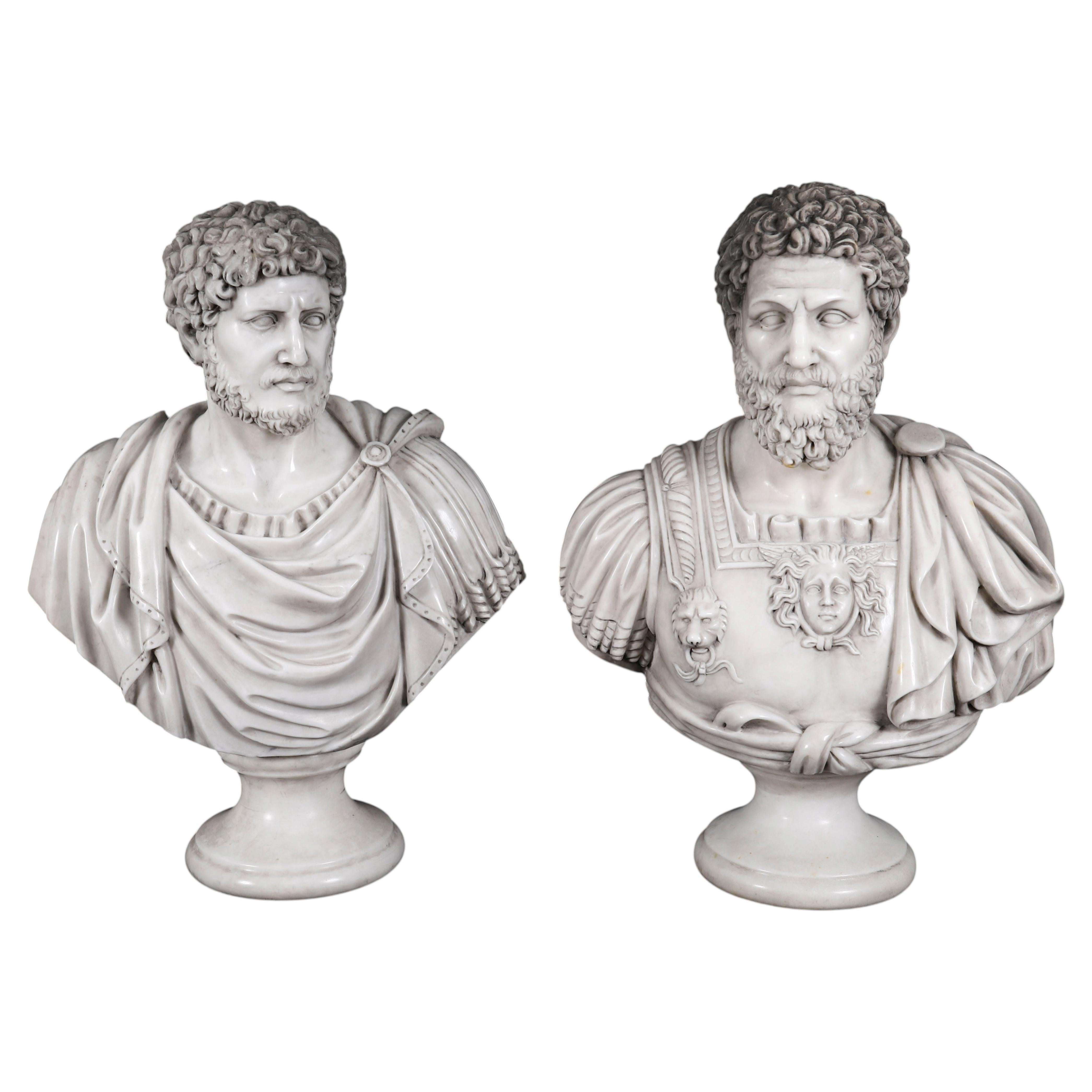 Antique Pair Marble Busts of Emperors Lucius Verus & Antoninus Pius 20th Century