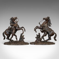 Paire de chevaux marbrés anciens, français, bronze, équestre, statue, d'après Coustou