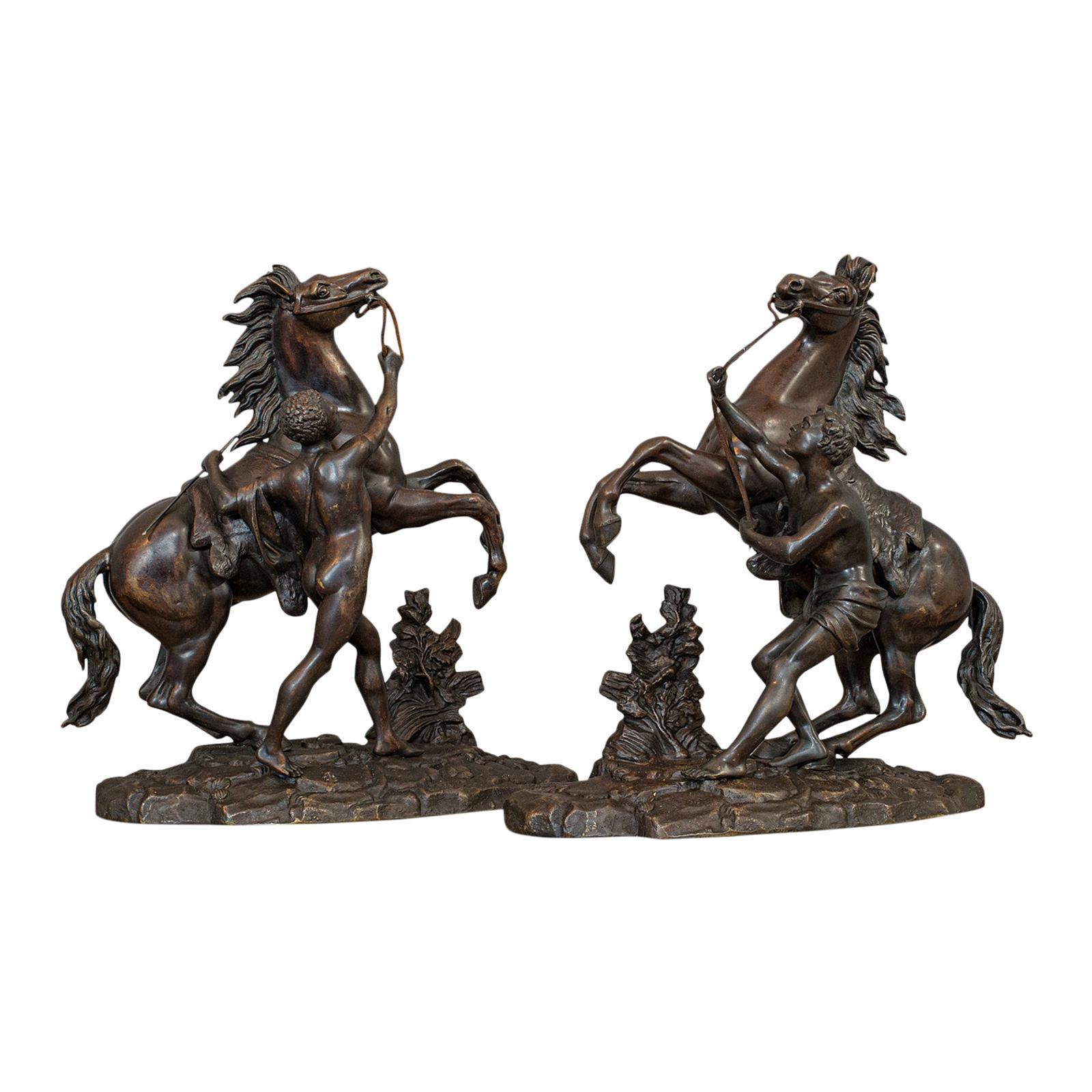 Antique, Pair, Marly Horses, French, Bronze, Equestrian, Statue, after Coustou