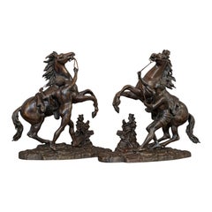 Paire de chevaux marbrés anciens, français, bronze, équestre, statue, d'après Coustou