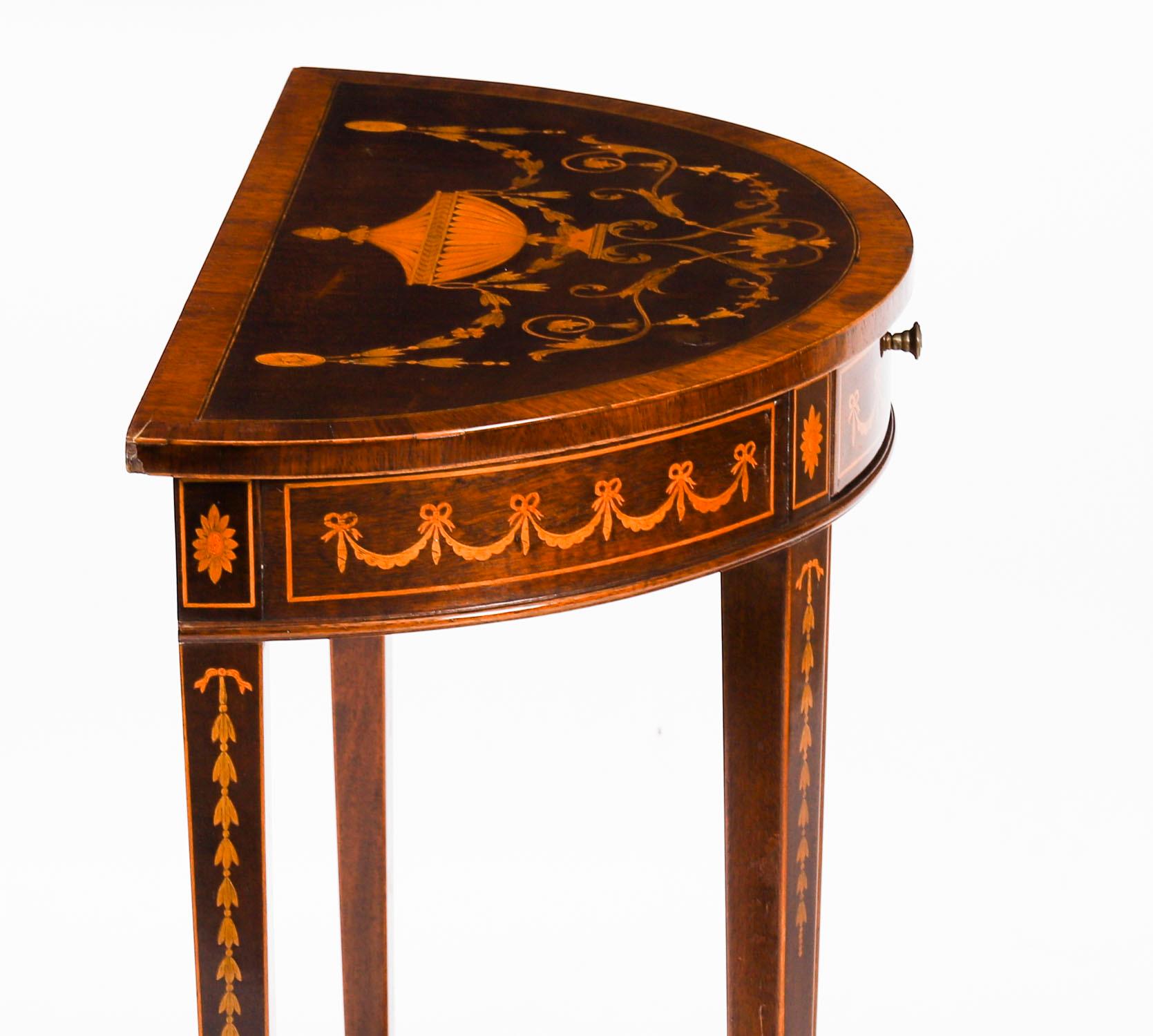 Vittoriano Antique Pair Marquetry Demi Lune Console Tables Edwards & Roberts 19th Century in vendita
