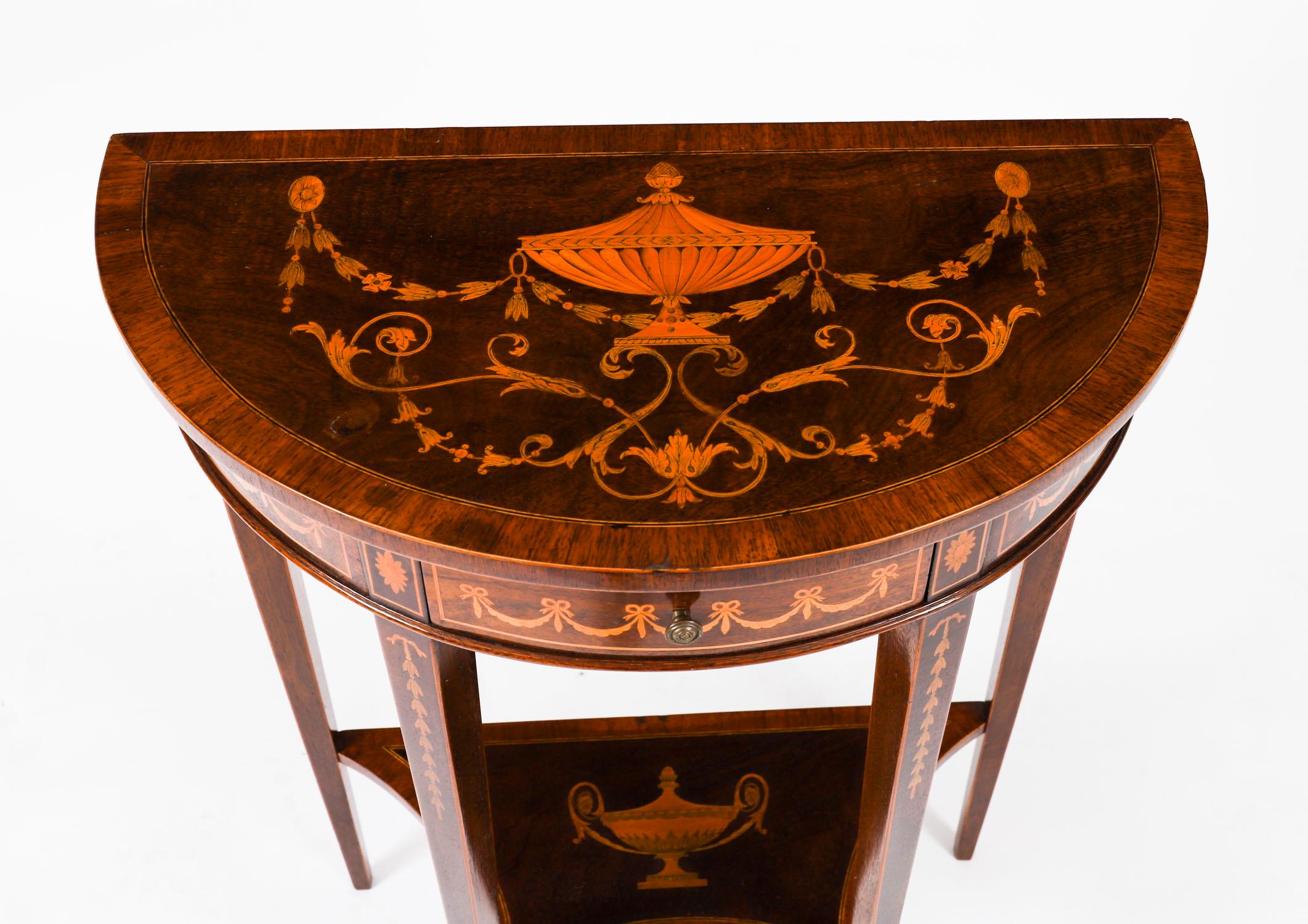 Inglese Antique Pair Marquetry Demi Lune Console Tables Edwards & Roberts 19th Century in vendita