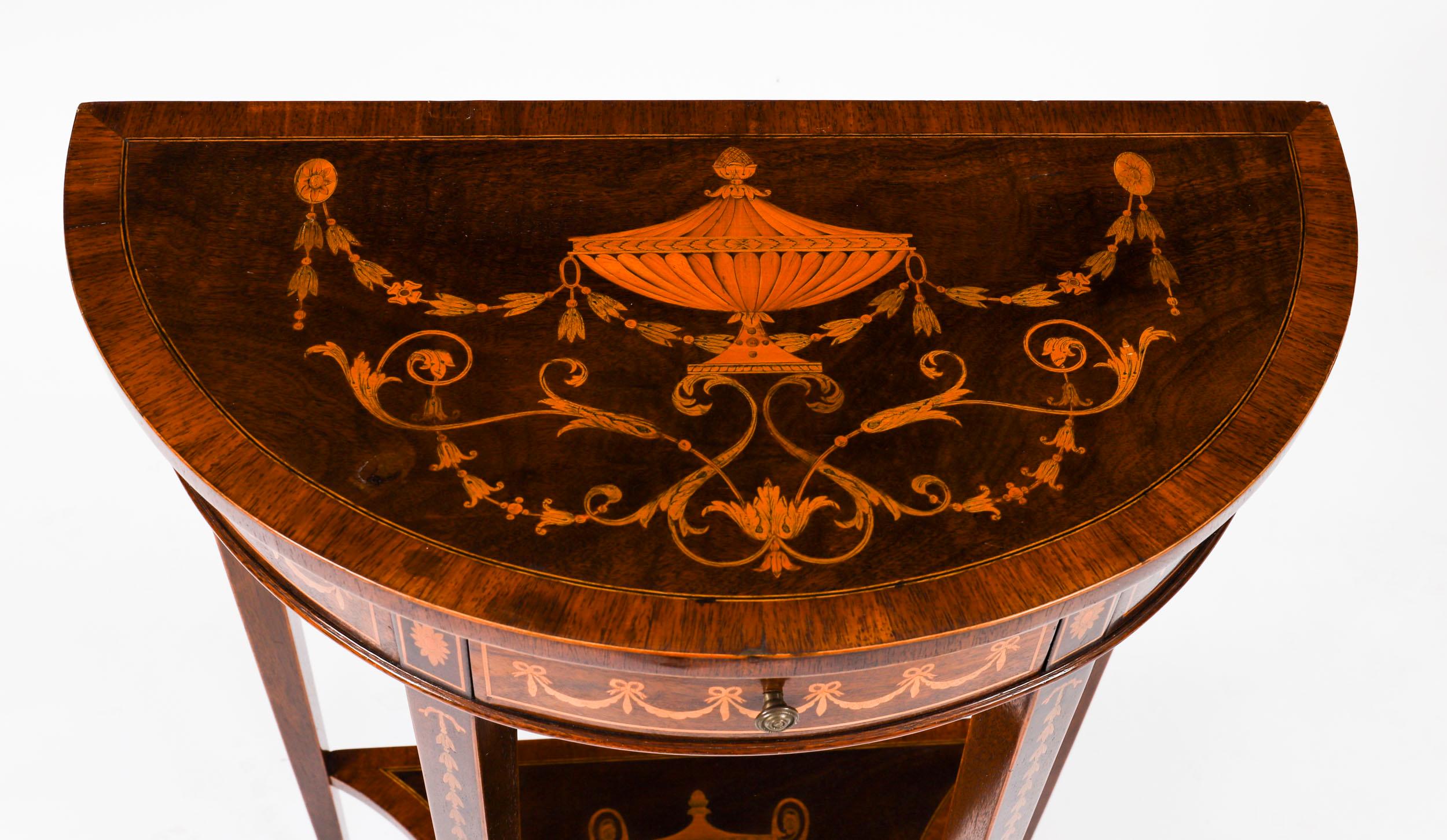 Marqueterie Antique Pair Marquetry Demi Lune Console Tables Edwards & Roberts 19th Century in vendita