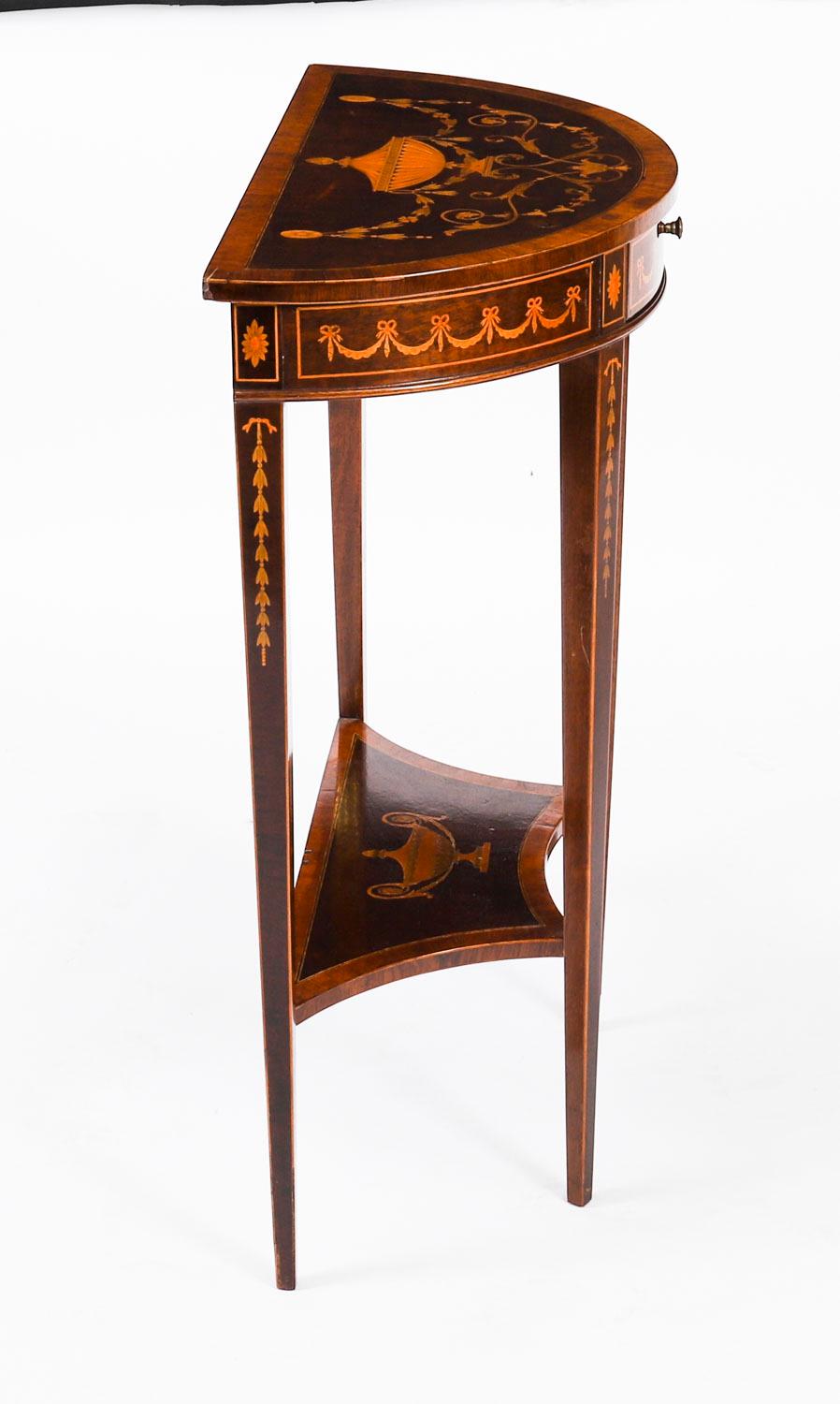 XIX secolo Antique Pair Marquetry Demi Lune Console Tables Edwards & Roberts 19th Century in vendita