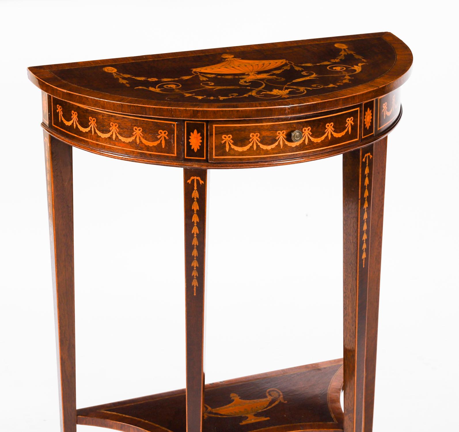 Mogano Antique Pair Marquetry Demi Lune Console Tables Edwards & Roberts 19th Century in vendita