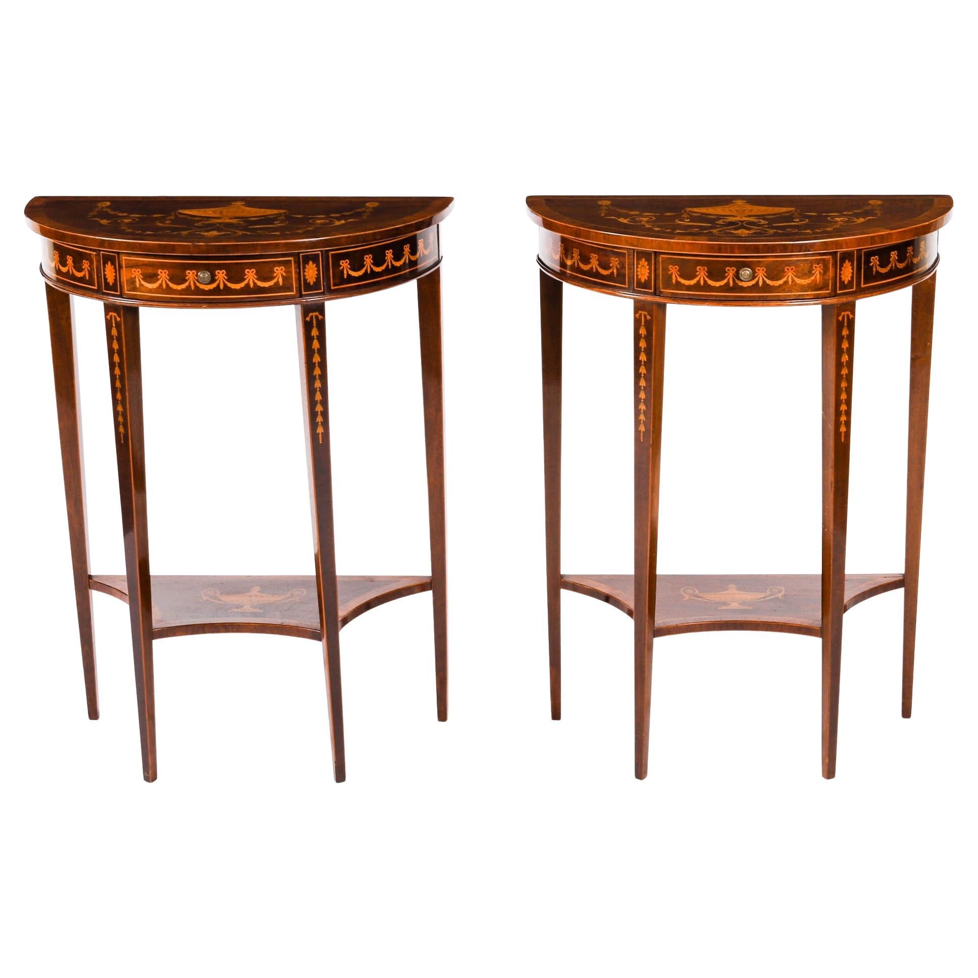 Antique Pair Marquetry Demi Lune Console Tables Edwards & Roberts 19th Century in vendita