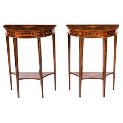 Antique Pair Marquetry Demi Lune Console Tables Edwards & Roberts 19th Century
