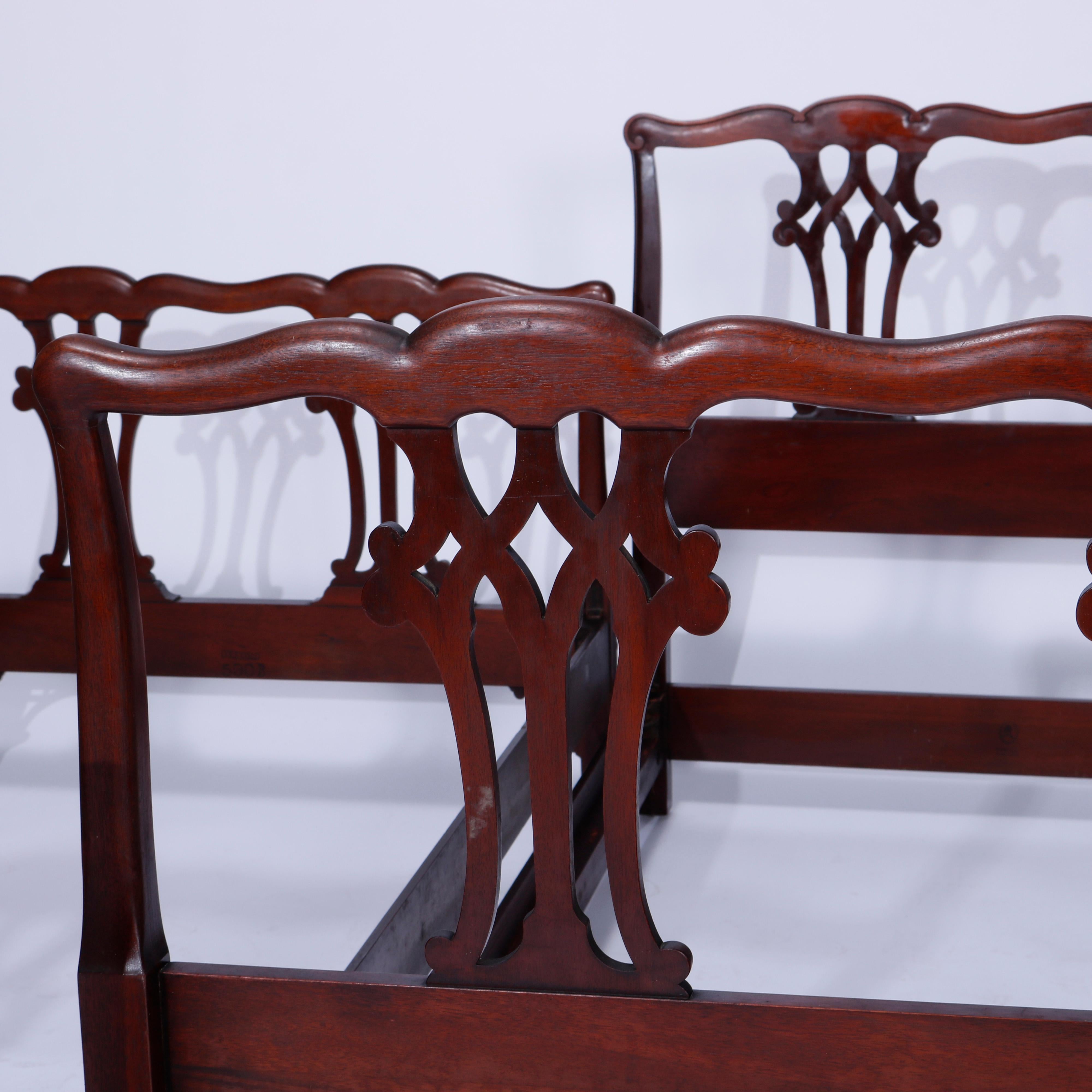 Antique Pair Matching Chippendale Style Mahogany Ribbon Twin Beds circa 1930 5